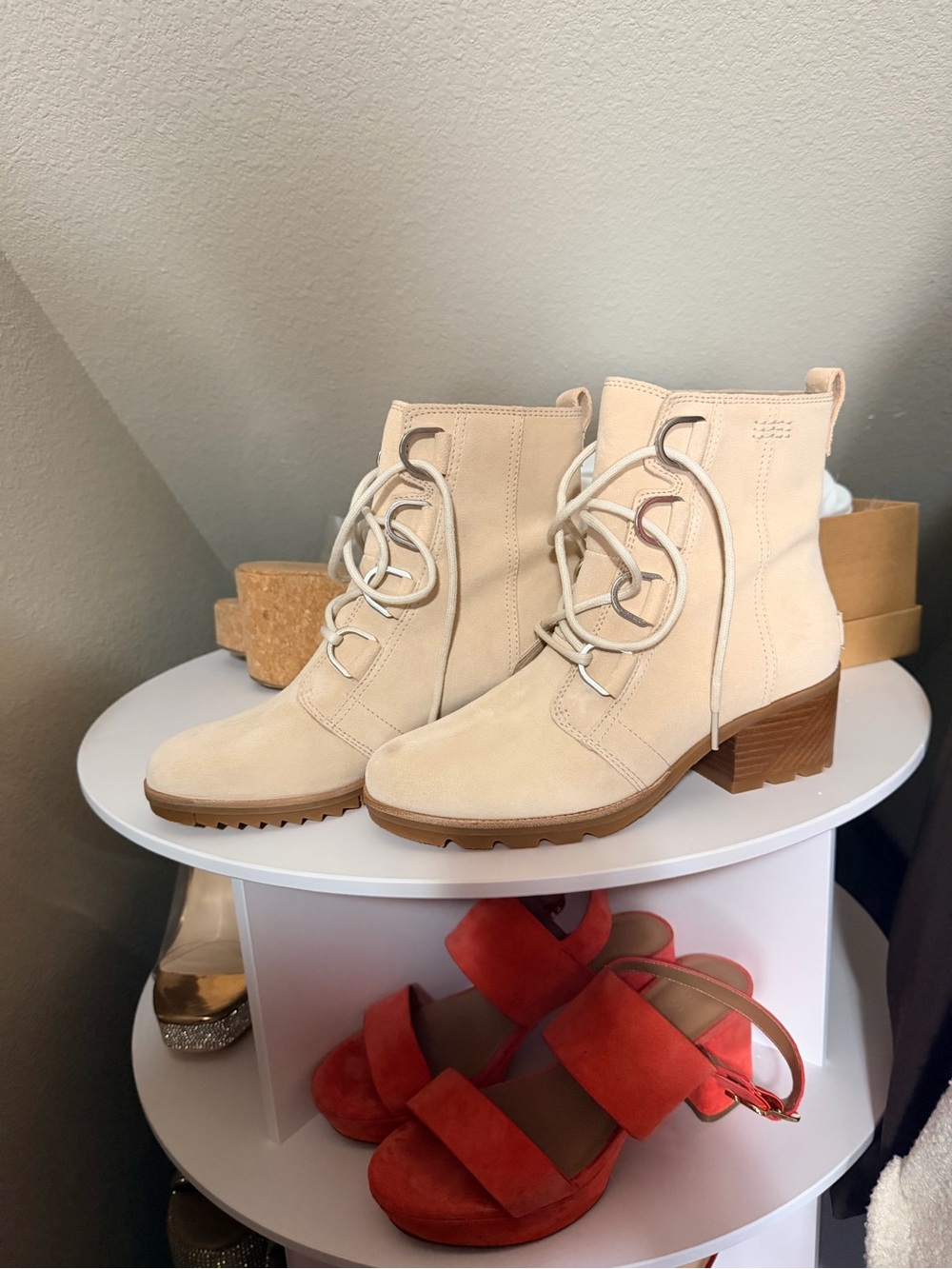 Sorel Cream Lace-Up Suede Block Heel Boots
